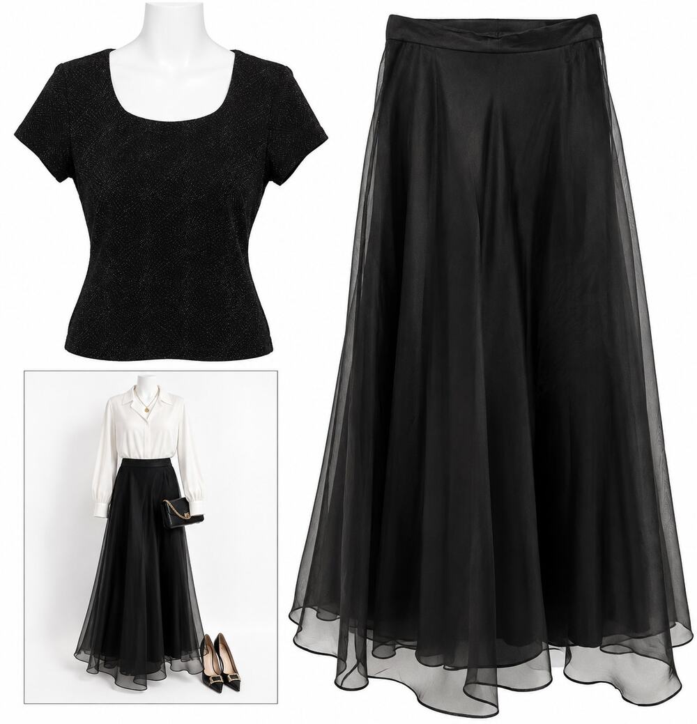 JBS Black 2 Piece Formal Set Chiffon Maxi Skirt Shimmer Top Wedding Womens 10